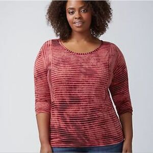 Lane Bryant Brick Red Striped 3/4 Sleeve T-Shirt